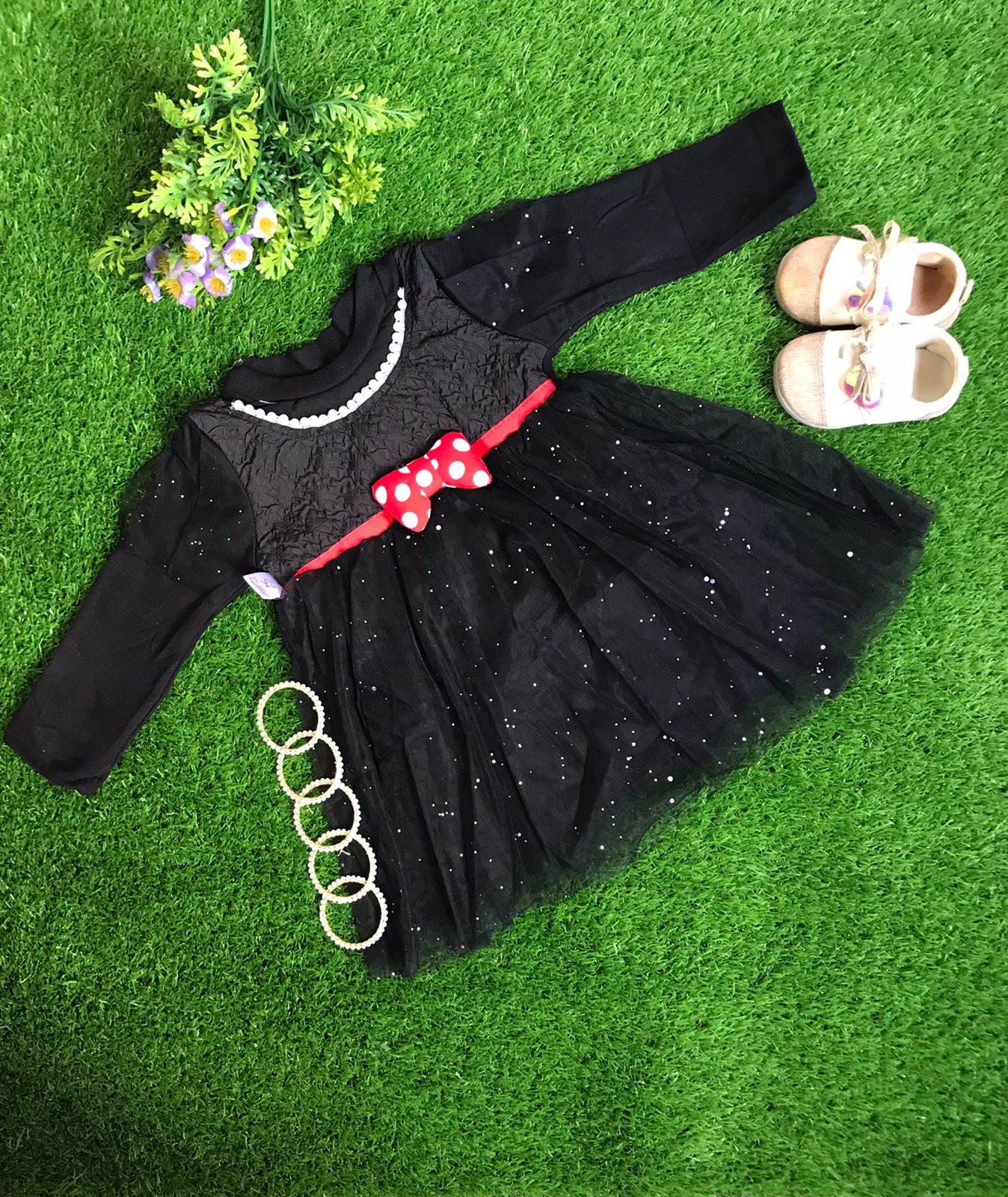 Baby Black Frock with Red Shimmery Bow